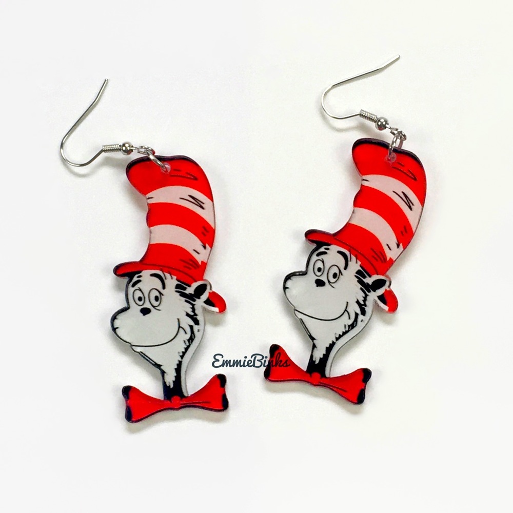 ✨3for$38 New Cat In The Hat Dr. Seuss Illustrated Character Dangle Earrings